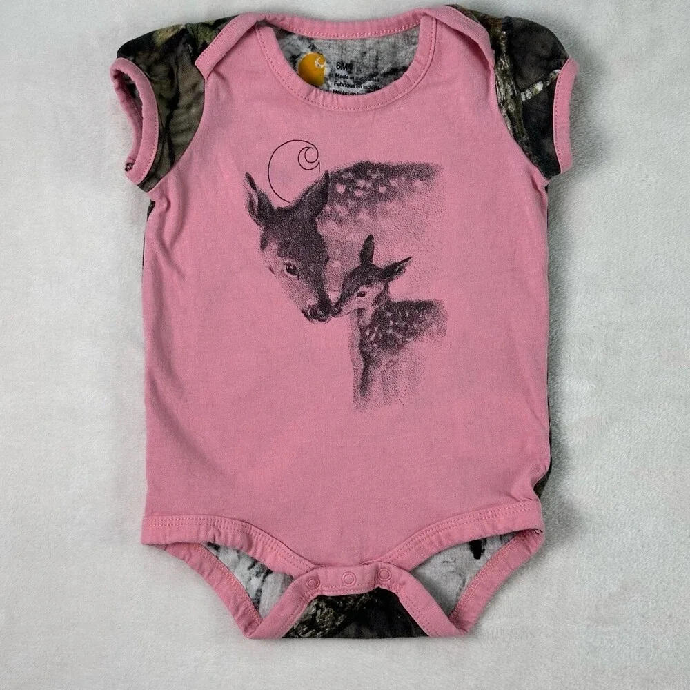 CARHARTT Pink Mossy Oak Hunting Deer Graphic Camo Sleeve Infant Girl Bodysuit 6M - Picture 2 of 13